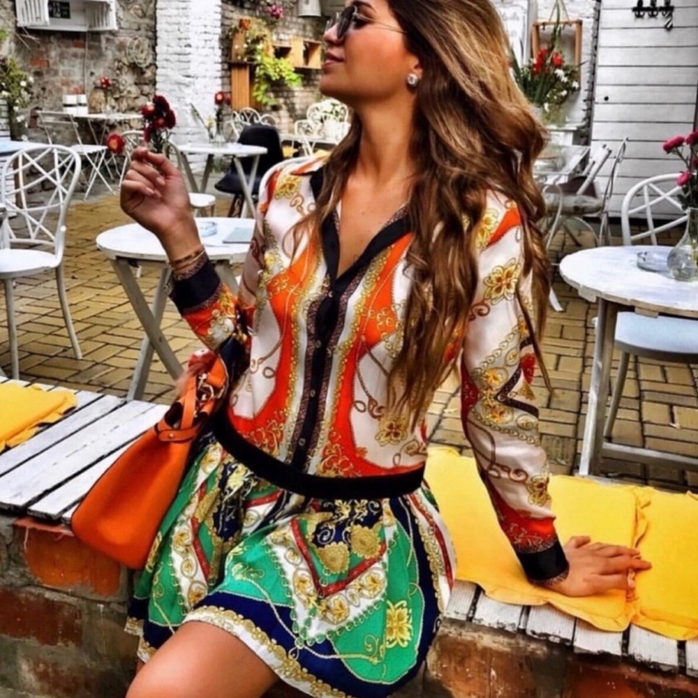 Zara Chain Print Patchwork Pleated Mini Dress Mul… - image 1